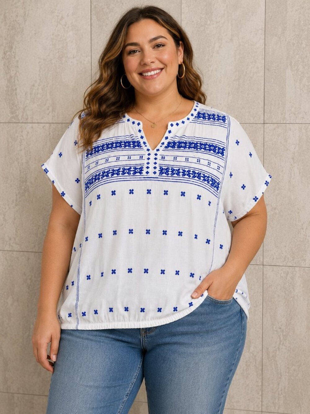 Lucky Brand 2X White Blue Embroidered Boho Peasant Blouse